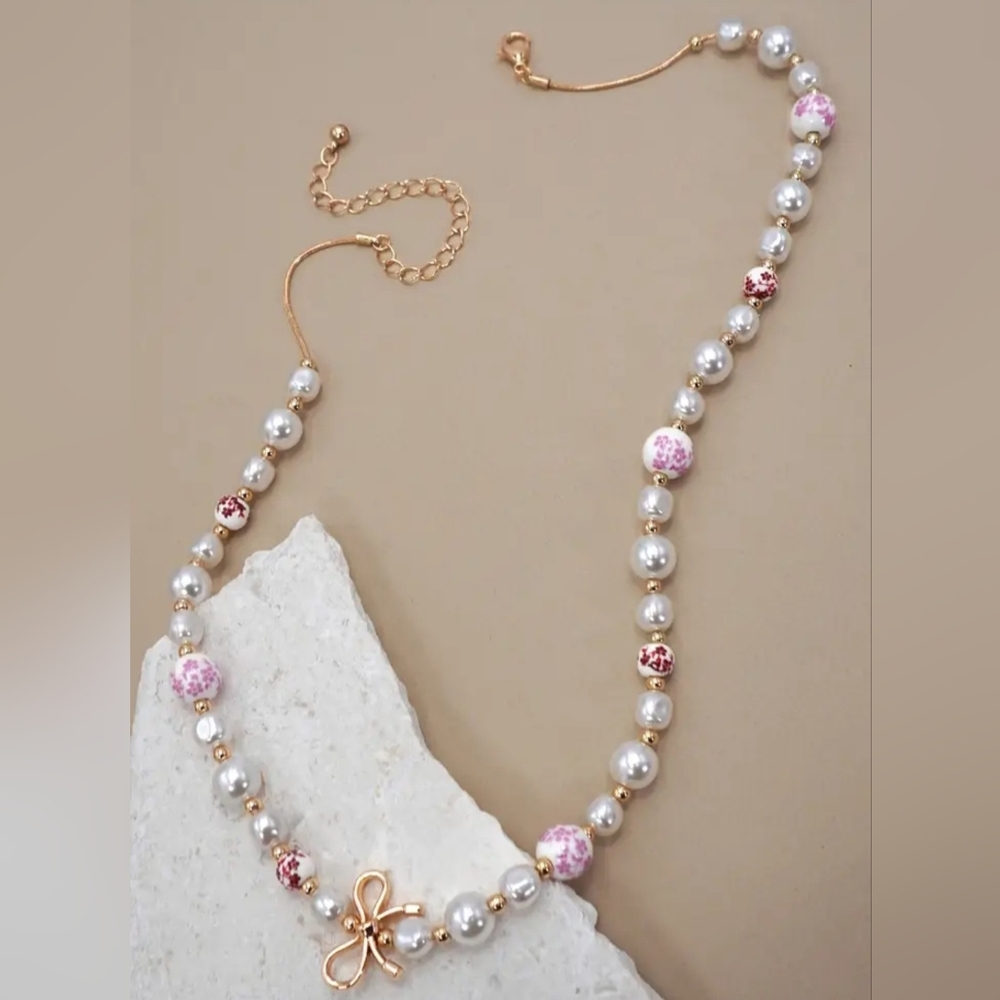 ✨️Pink Ceramin Pocelain Bow Necklace